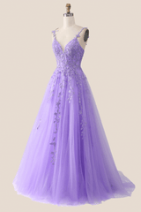 V Neck Lavender Lace A-line Long Prom Dress