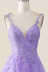 V Neck Lavender Lace A-line Long Prom Dress
