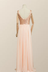 V Neck Rose Gold Sequin and Chiffon Long Bridesmaid Dress
