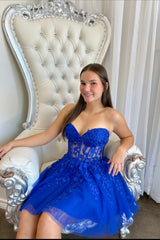 Sweetheart Royal Blue Lace Appliques Short Dress