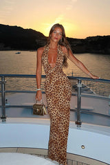 Leopard Print Halter Backless Bodycon Maxi Dress
