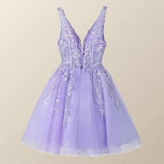 V Neck Lavender Appliques A-line Short Homecoming Dress