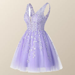 V Neck Lavender Appliques A-line Short Homecoming Dress