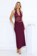 Haute Mode Mesh Halter Maxi Dress Plum