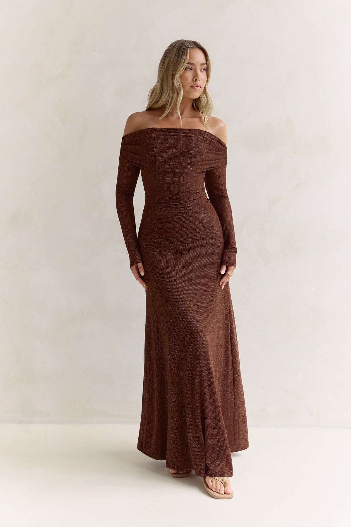 Carmelita Long Sleeve Off Shoulder Maxi Dress Brown