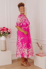 Whispering Blooms Midi Dress in Hot Pink Curves