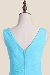 V Neck Blue Chiffon A-line Long Bridesmaid Dress