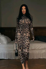 Animal Print Mock Neck Bodycon Maxi Dress