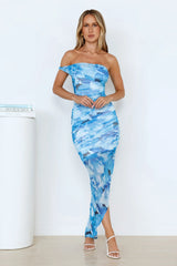 Style On Point Off Shoulder Mesh Maxi Dress Blue