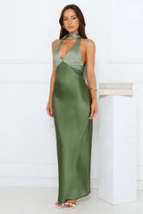 Sunlit Grove Satin Halter Maxi Dress Green