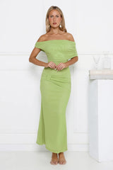 Talk Truthful Off Shoulder Mesh Maxi Dress Green