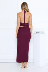 Haute Mode Mesh Halter Maxi Dress Plum