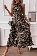 V Neck Leopard Print Backless Maxi Dress