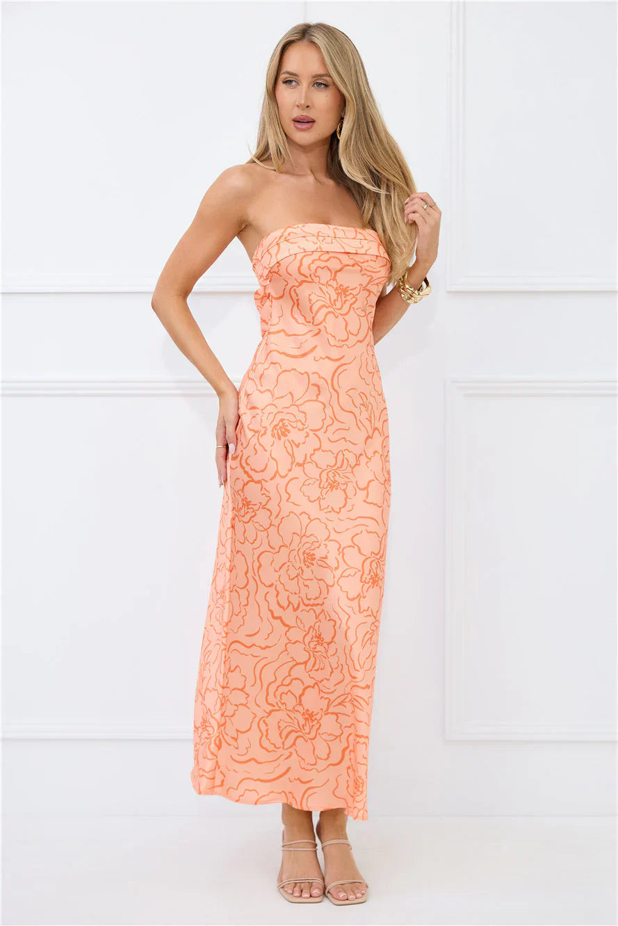 Sunburst Sparkle Strapless Satin Maxi Dress Orange