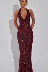 Sequin Deep V Halter Bodycon Maxi Dress