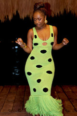 Knit Sleeveless Bodycon Polka Dot Fringe Maxi Dress