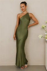 The Evangeline One Shoulder Satin Maxi Dress Olive