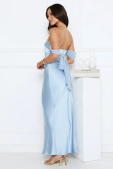 Hot Girl Diaries Off Shoulder Satin Maxi Dress Blue