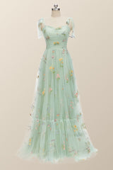 Tie Straps Blue Floral A-line Long Formal Dress