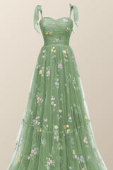 Tie Straps Blue Floral A-line Long Formal Dress