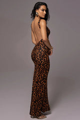 Leopard Print Ruched Round Neck Maxi Dress
