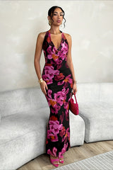Floral Cross Strap Backless Maxi Dress
