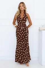 Nova Nights Halter Polka Dot Maxi Dress Brown