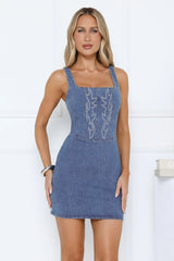 Sweet Talk Silhouette Embroidered Denim Bodycon Mini Dress Blue