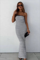 Strapless Waist Cinching Bodycon Stripe Maxi Dress