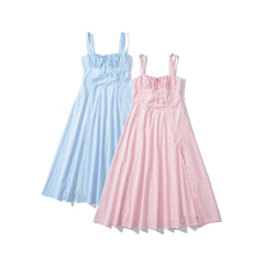 Tie Front Blue A-line Long Dress