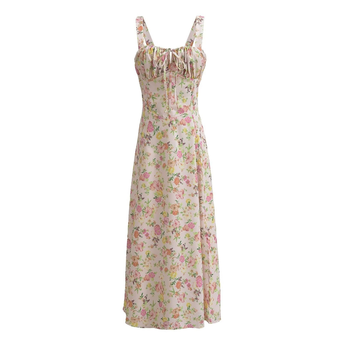 White Floral Ruched Neckline Bow Long Dress
