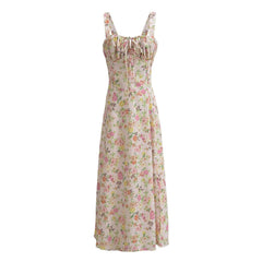 White Floral Ruched Neckline Bow Long Dress