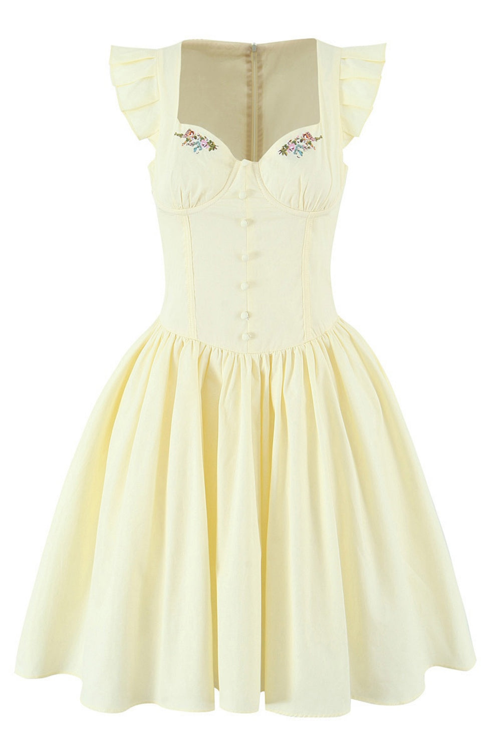 Yellow Cap Sleeve Flower Embroidery Ruched Dress
