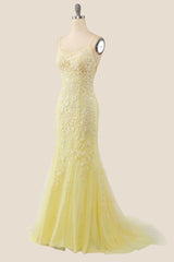 Yellow Mermaid Lace Appliques Long Formal Dress