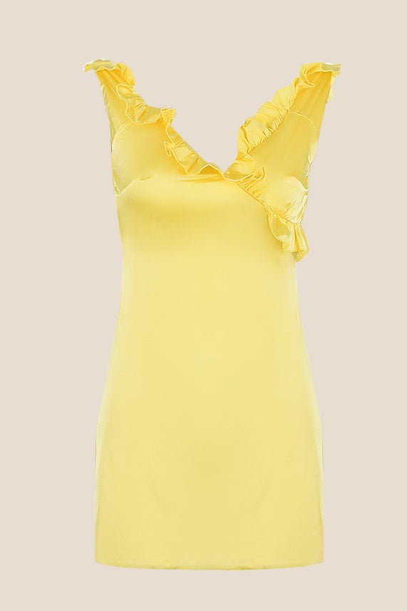 V-neck Yellow Ruffled A-line Short Dress