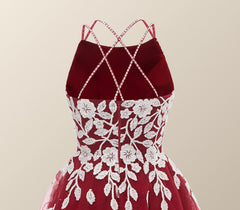 Wine Red Tulle and White Appliques A-line Dress