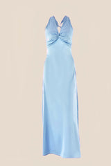 Twist V-neck Blue Open Back Sheath Long Dress