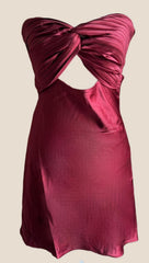 Twisted Pleated Burgundy Soft Satin Keyhole Mini Dress
