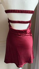 Twisted Pleated Burgundy Soft Satin Keyhole Mini Dress