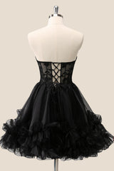 Sweetheart Black Appliques A-line Short Ruffle Dress