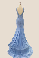 V Neck Beaded Blue Mermaid Long Formal Dress