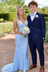 V Neck Beaded Blue Mermaid Long Formal Dress