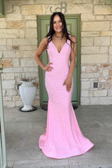 V Neck Beaded Blue Mermaid Long Formal Dress