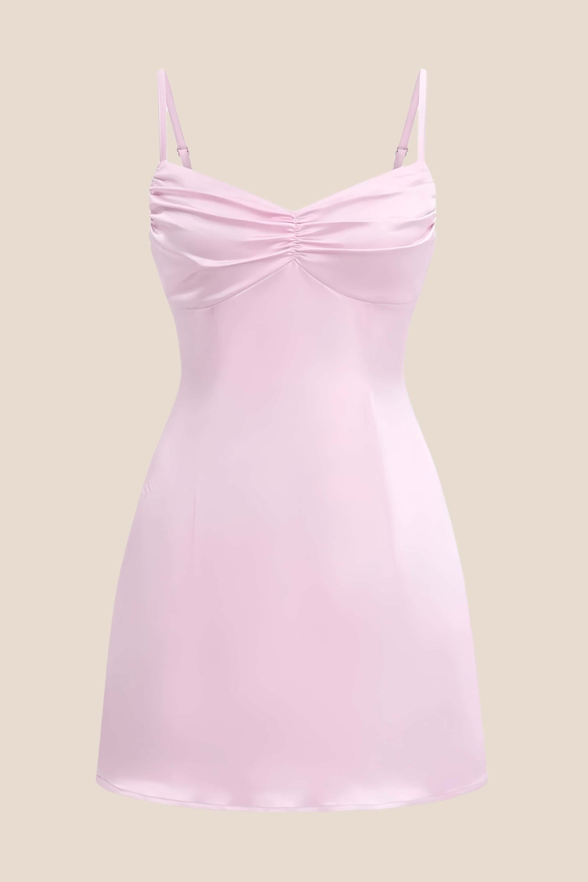 Straps Pink Ruched Satin Short Dress