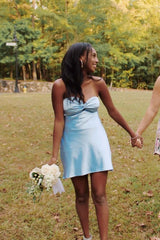 Twist Aqua Satin Short Dress with Keyhole