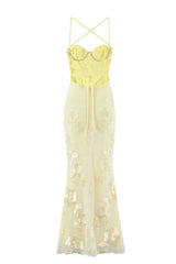 Yellow Embroidered Fitted Straps Dress