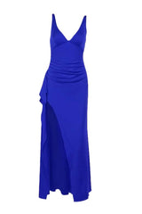 V Neck Red Fitted Frill Long Party Dress