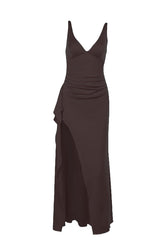 V Neck Red Fitted Frill Long Party Dress