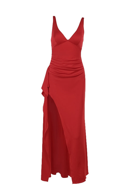 V Neck Red Fitted Frill Long Party Dress