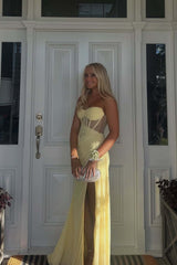 Yellow Corset Ruched Slit Long Prom Dress